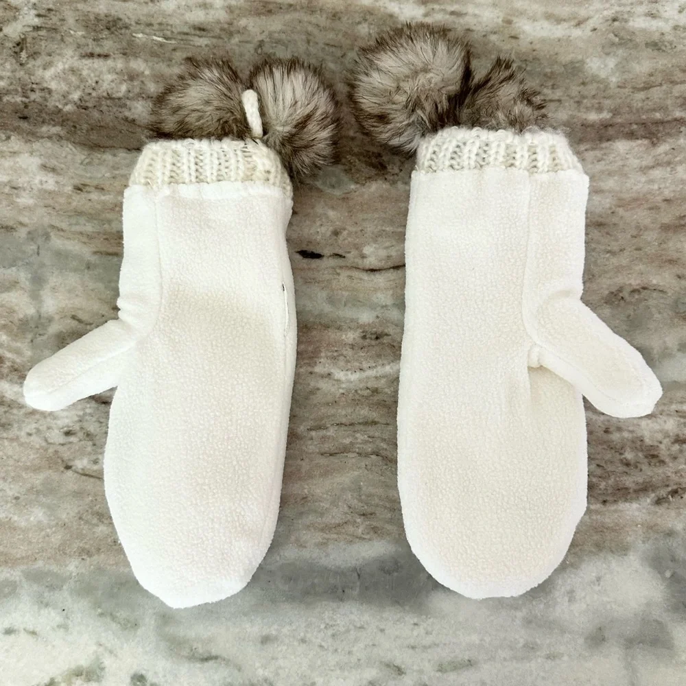 Cream Cozy Fleece Lined Knit Mittens Faux Fur Pom Poms - Winter / Cold Weather